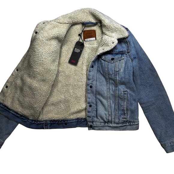 Levi’s Premium Original Trucker Sherpa Jacket Denim Small Men Jean Jacket Wester - Picture 2 of 8